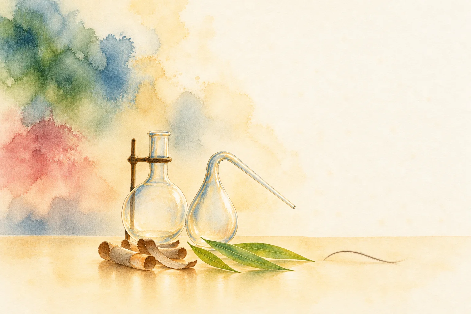 Illustration: willow bark and leaves beside a glass flask and a retort on a bench, a hair lying nearby, not to scale; both glass vessels are empty.