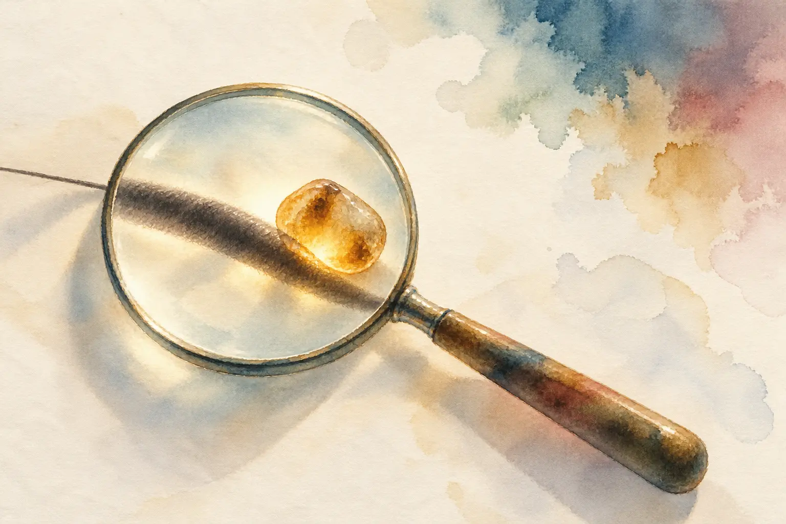 Illustration: a hair and a grain of sand seen through a magnifying glass on a table, not to scale; through the lens the hair looks like a wide band.