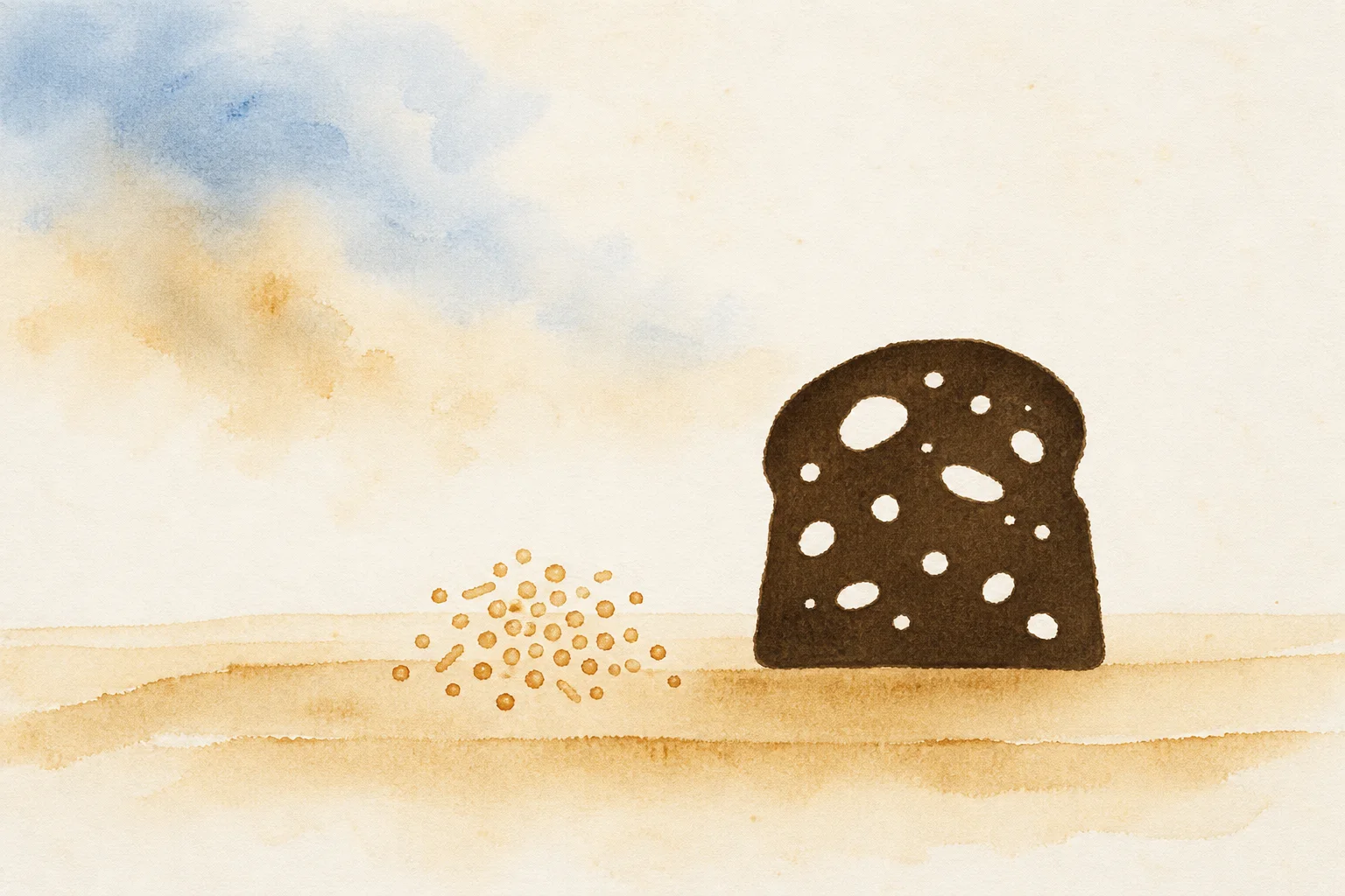 Illustration: a pinch of dried yeast beside a dark slice of bread, not to scale; holes in the crumb let the light through.