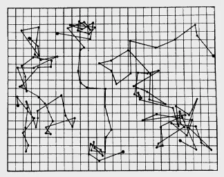 Three traced paths of one mastic grain about 1 µm across, positions every 30 s joined by straight lines on a square grid; printed drawing.