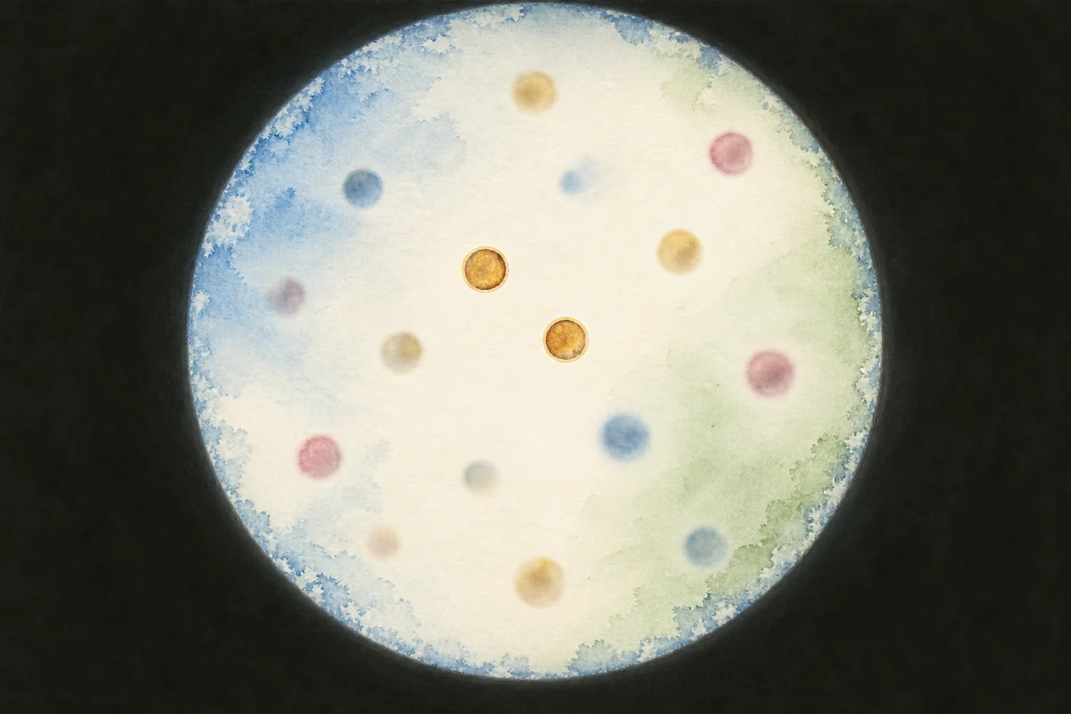 Illustration: specks scattered at different depths in a round field of view; a pair near the centre is sharp, the rest are soft blurs.