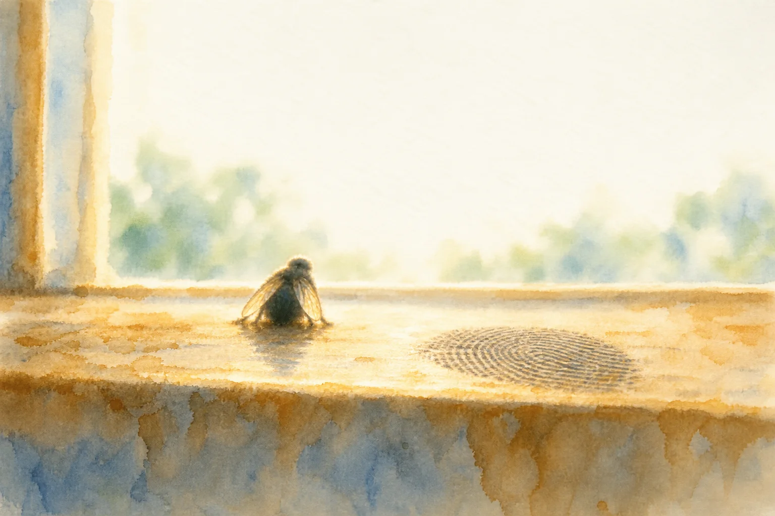 Illustration: a fly resting on a sunny windowsill beside the ridges of a fingerprint, not to scale; the fly is a soft, backlit silhouette.