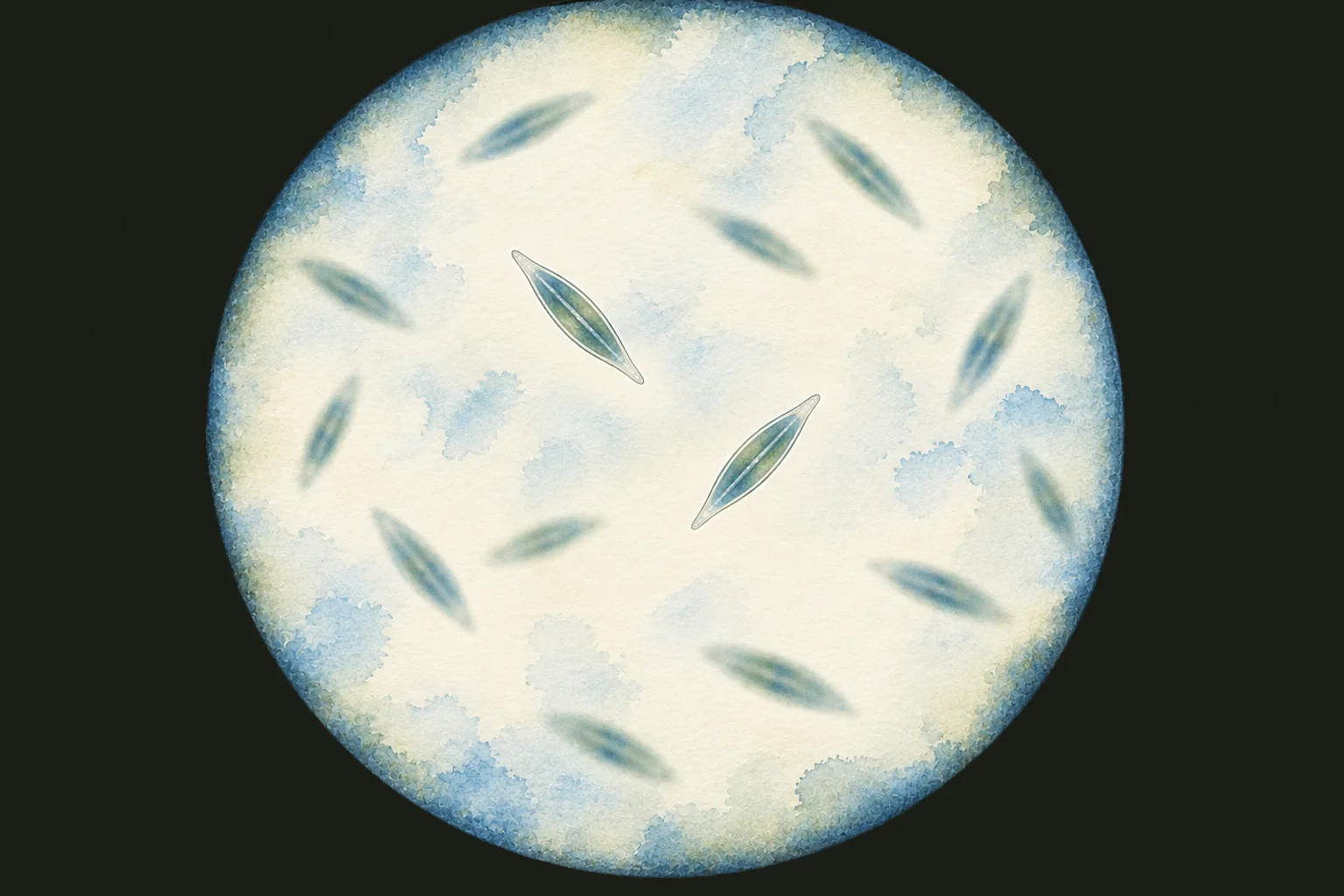 Illustration: spindle-shaped glassy cells drifting at different depths in a round field of view; two near the centre are in sharp focus.