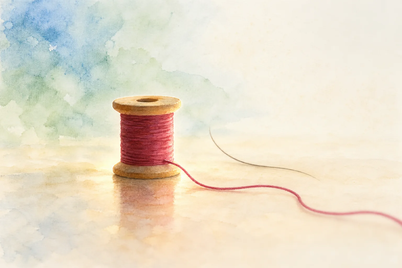 Illustration: a sewing spool with thread pulled loose across a pale surface, a single hair beside it, not to scale; the thread runs out of frame.