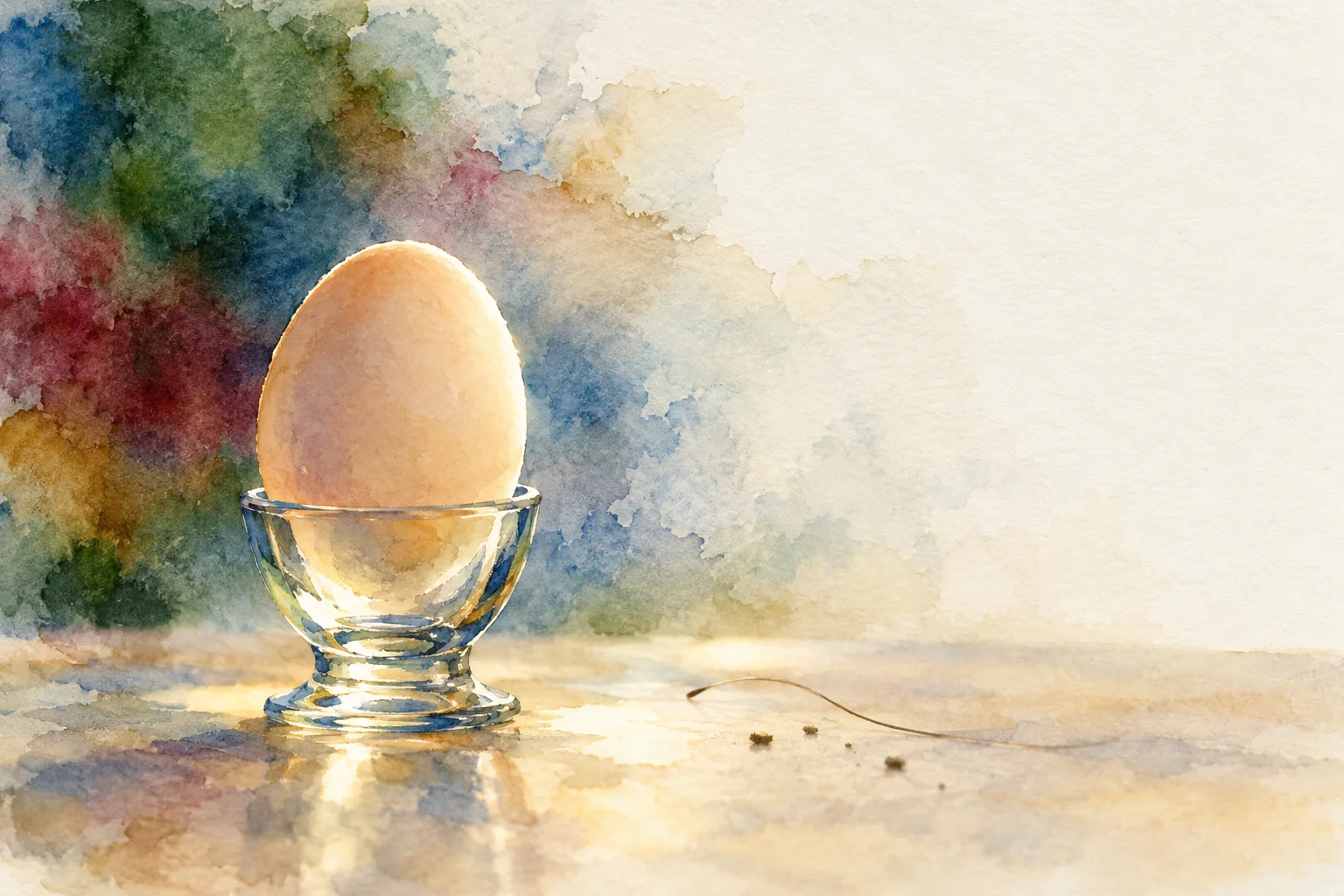 Illustration: a whole egg in a clear glass egg cup, a hair and dust specks beside it on the table, not to scale; the shell is plain and unbroken.