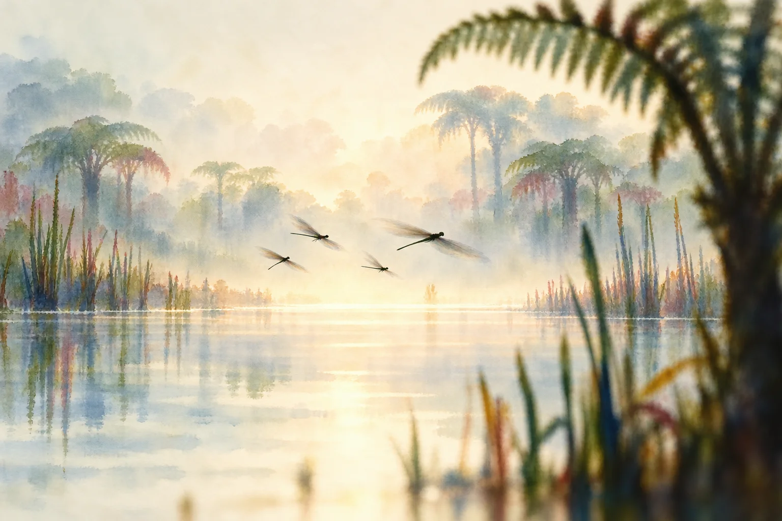 Illustration: four large-winged insect silhouettes flying low over a misty fern swamp, not to scale; their wings are blurred by motion.