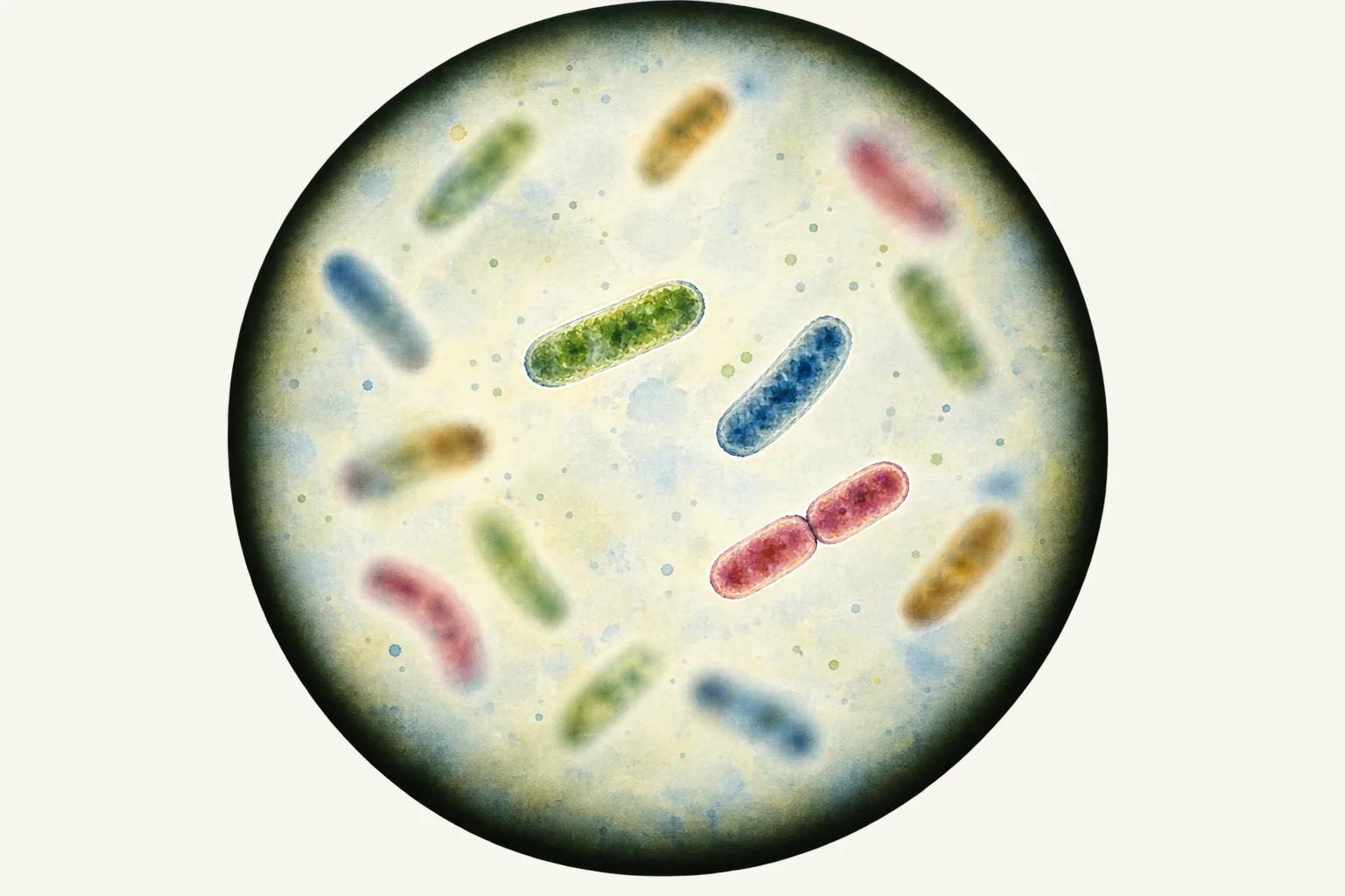 Illustration: short rod-shaped cells drifting at different depths in a round field of view; a few are sharp, one pair still joined end to end.