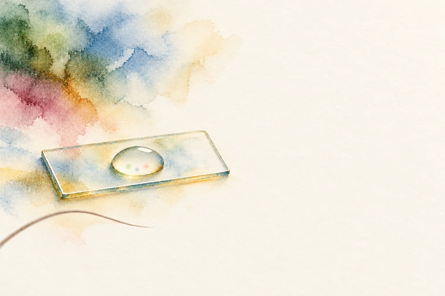 Illustration: a drop of water on a glass slide, a hair curving beside it, not to scale; three faint specks sit in the drop.
