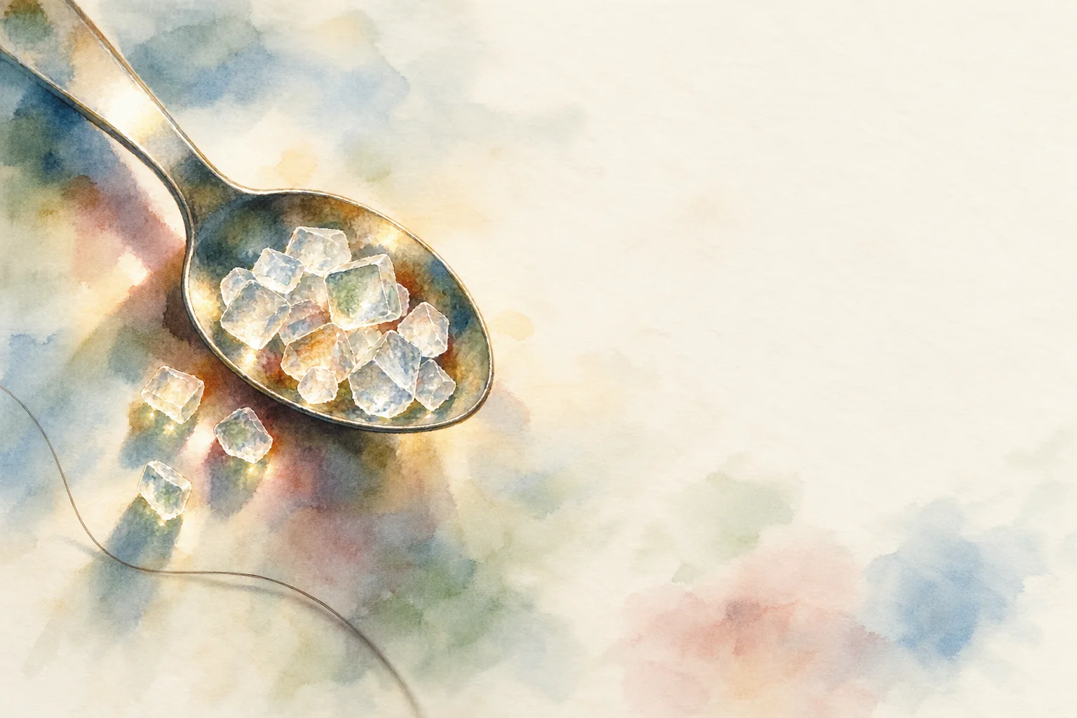 Illustration: coarse salt grains heaped in a spoon, a human hair curving beside it, not to scale; a few grains show flat square faces.