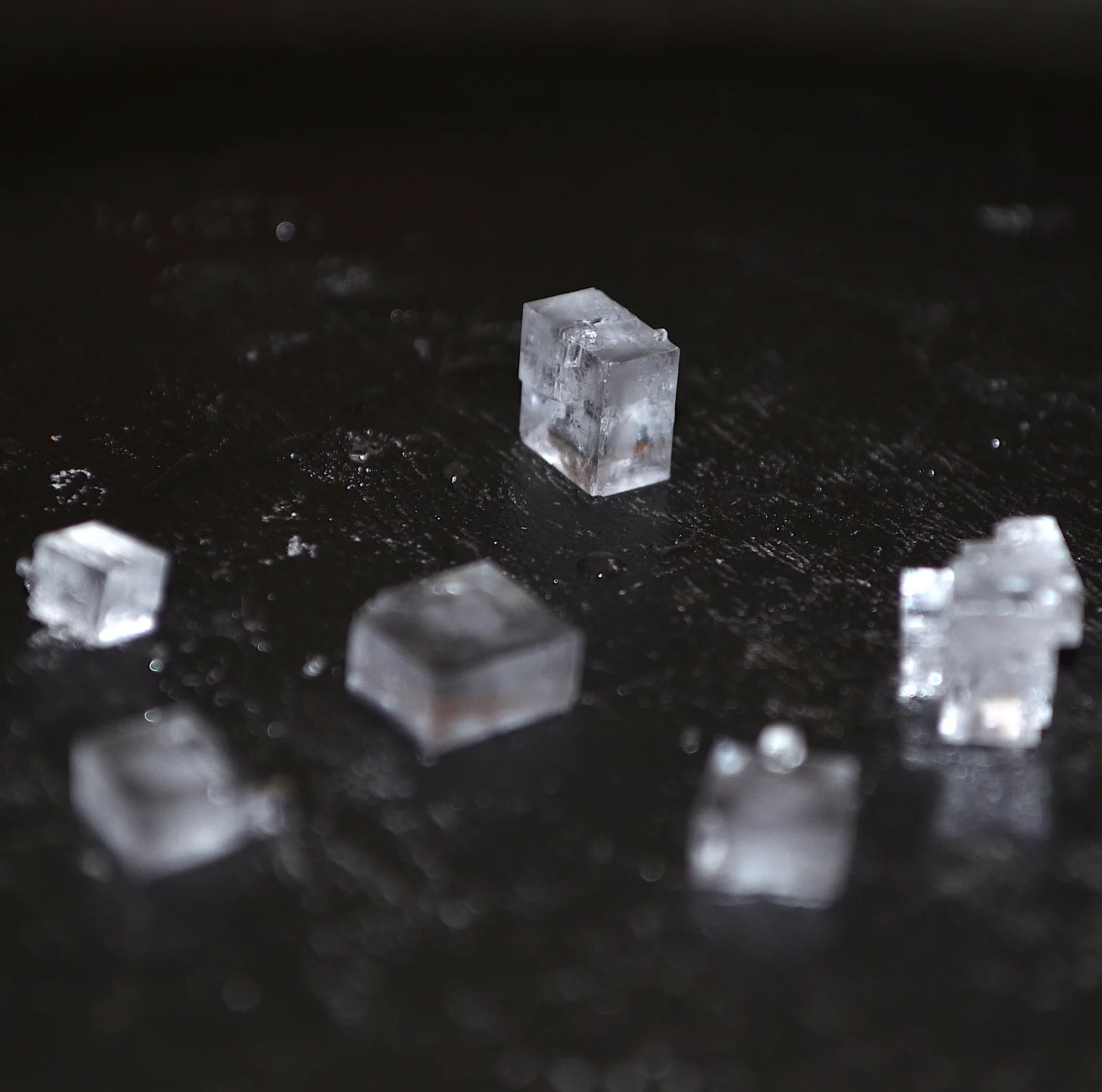 Sodium chloride crystals on a dark surface, no scale given; photograph, natural color; one clear block in focus, its flat faces at right angles.