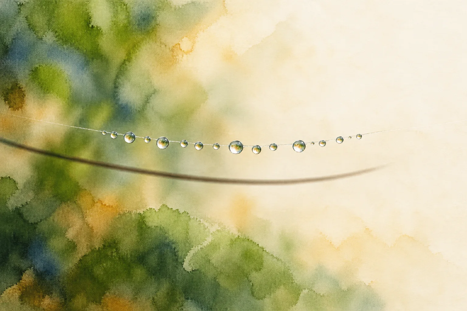 Illustration: a silk thread beaded with dew beside a far thicker hair, not to scale; the drops along the thread vary in size.
