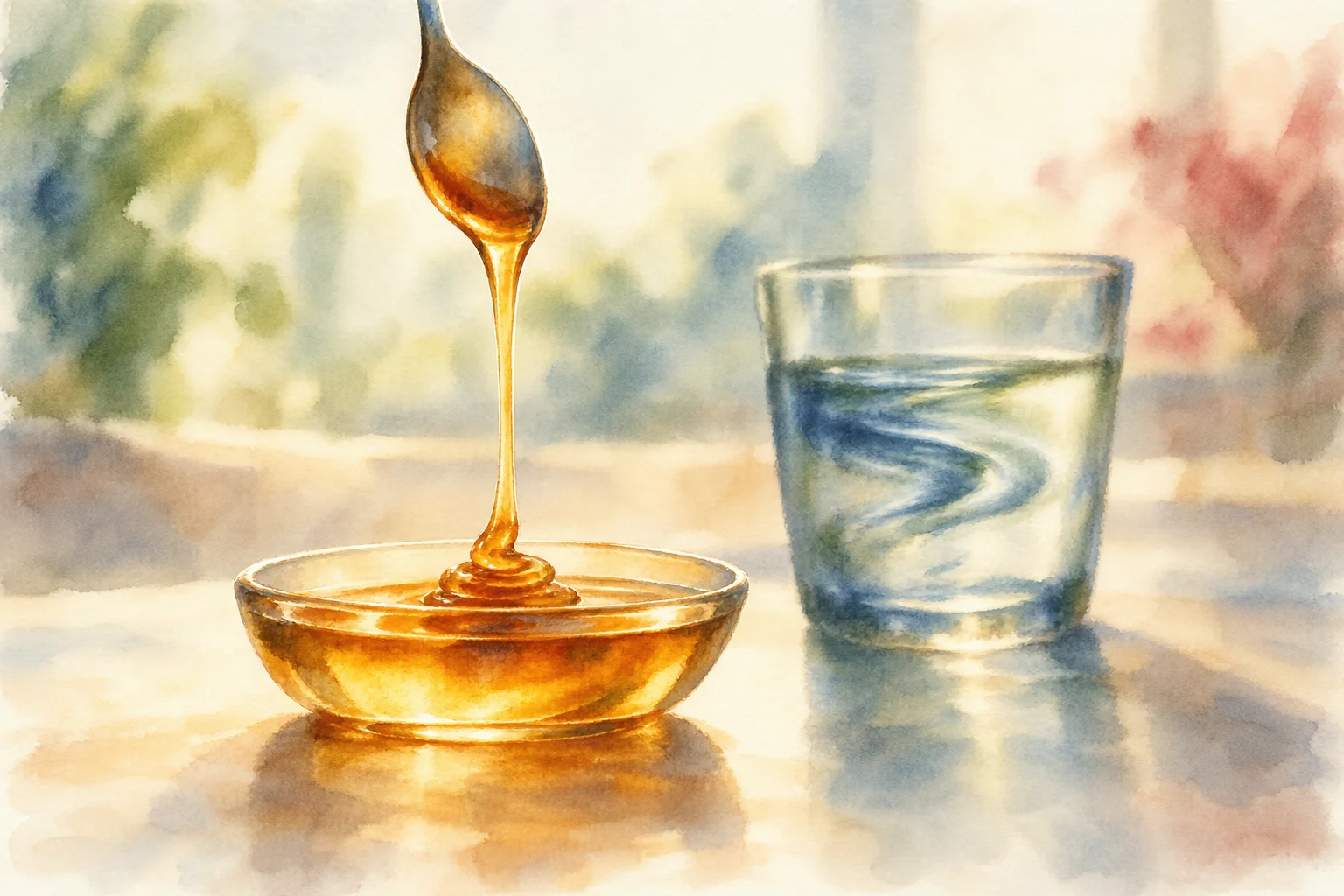 Illustration: syrup falls from a spoon in a slow thread and coils in a dish beside a glass of stirred water, not to scale; the water still swirls.