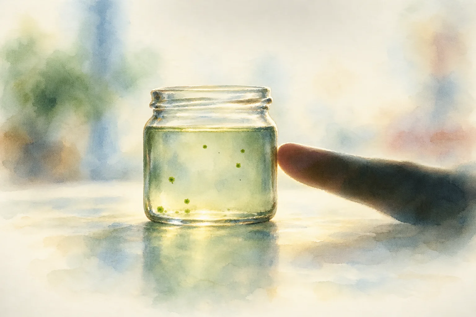 Illustration: a glass jar of green-tinged water with a fingertip touching its side, not to scale; a few green specks float at different heights.
