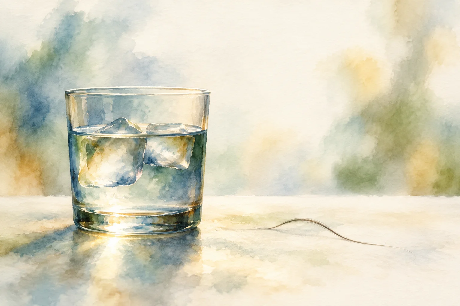 Illustration: two ice cubes floating in a glass of water, a strand of hair on the table beside it, not to scale; each cube sits mostly under water.